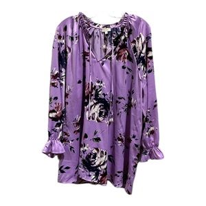 Laura Plus Size 22 Purple Floral Boho Tunic | Romantic Gathered Sleeve Blouse